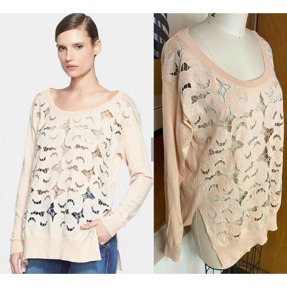 STELLA McCARTNEY Lace crochet embroidered front SWEATER 40 IT cotton knit peach